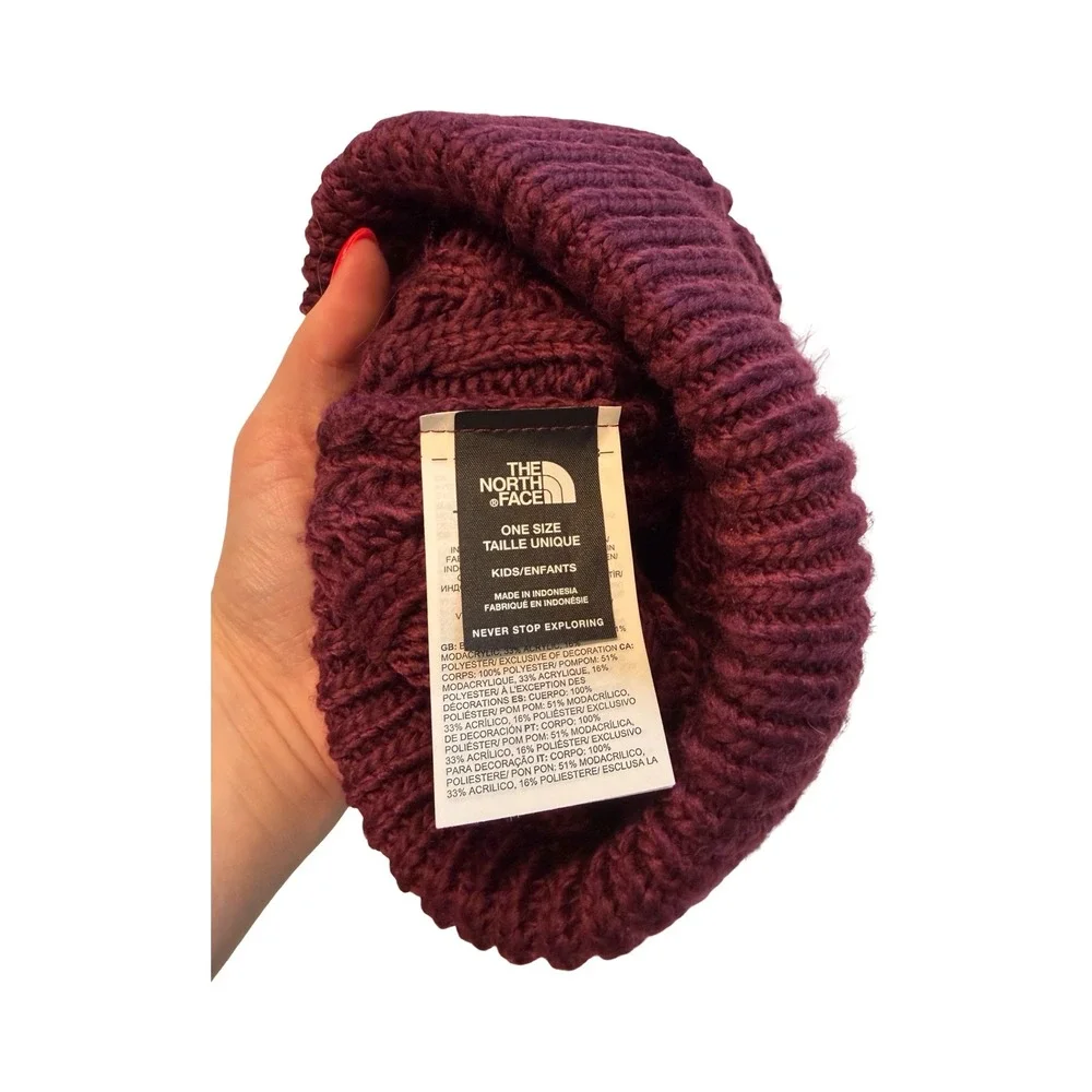 The North Face Kids Oh-Mega Fur Pom Beanie Burgundy‎ Purple Cable Knit OS
